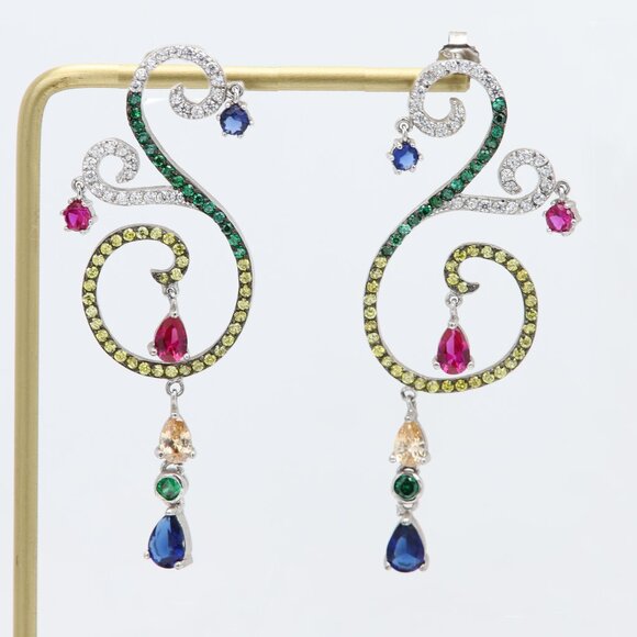 Large Dangle Earrings Sterling Silver Multi Color Stones Chandelier Earring - Picture 1 of 7